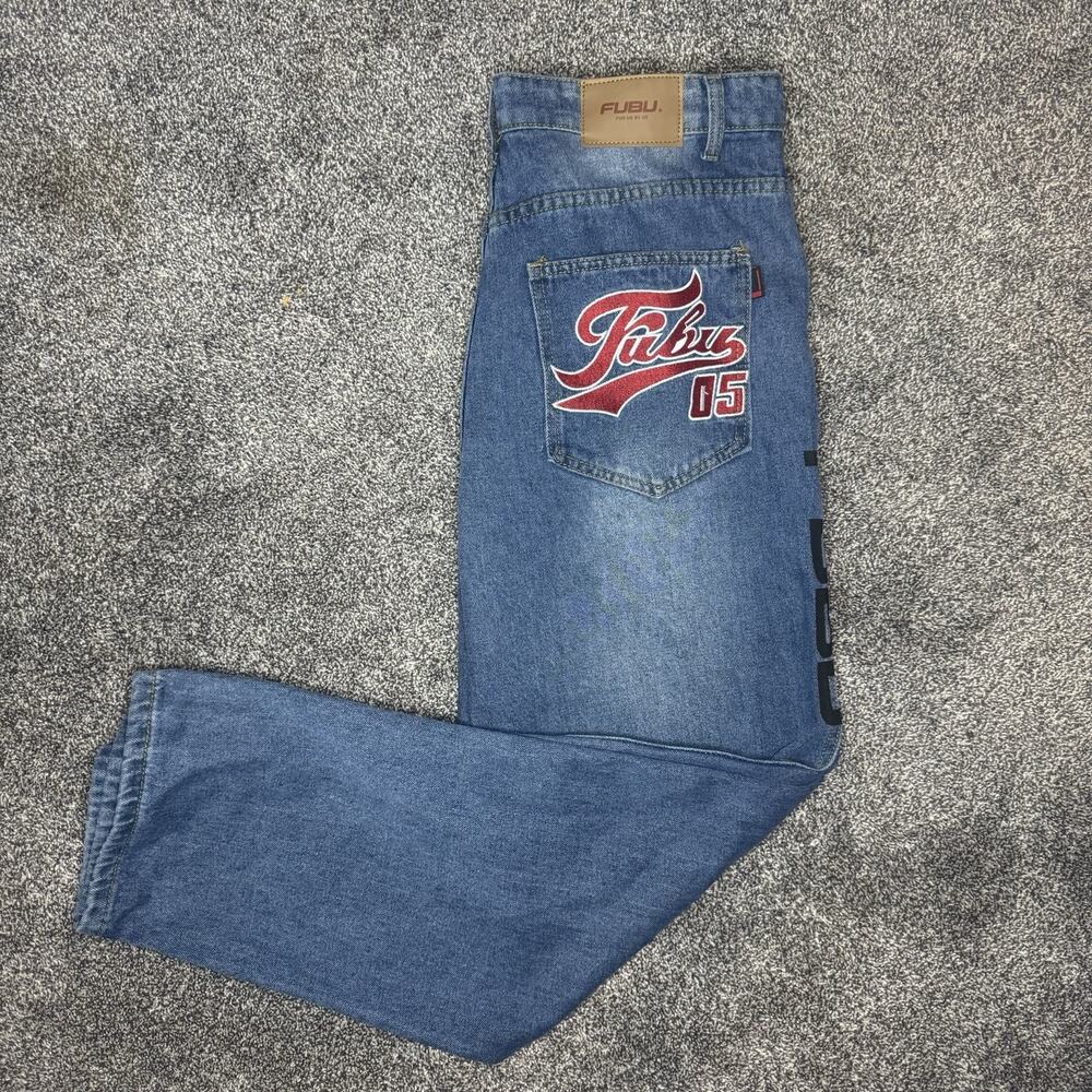 FUBU 05 Embroidered Logo Jeans Mens 36x32 Blue Denim Straight Fit Y2K